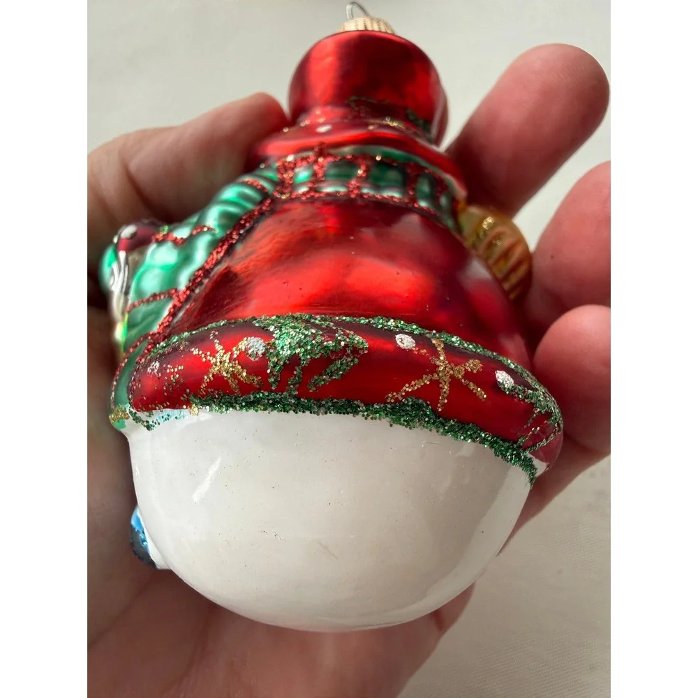 Red Green Blown Glass Snowman Christmas Ornament Glitter Accents 4 Inch Holiday
